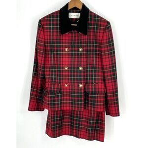 VTG JH Collectibles Womens 10 Skirt‎ Suit Tartan Red Plaid Wool Velvet Collar